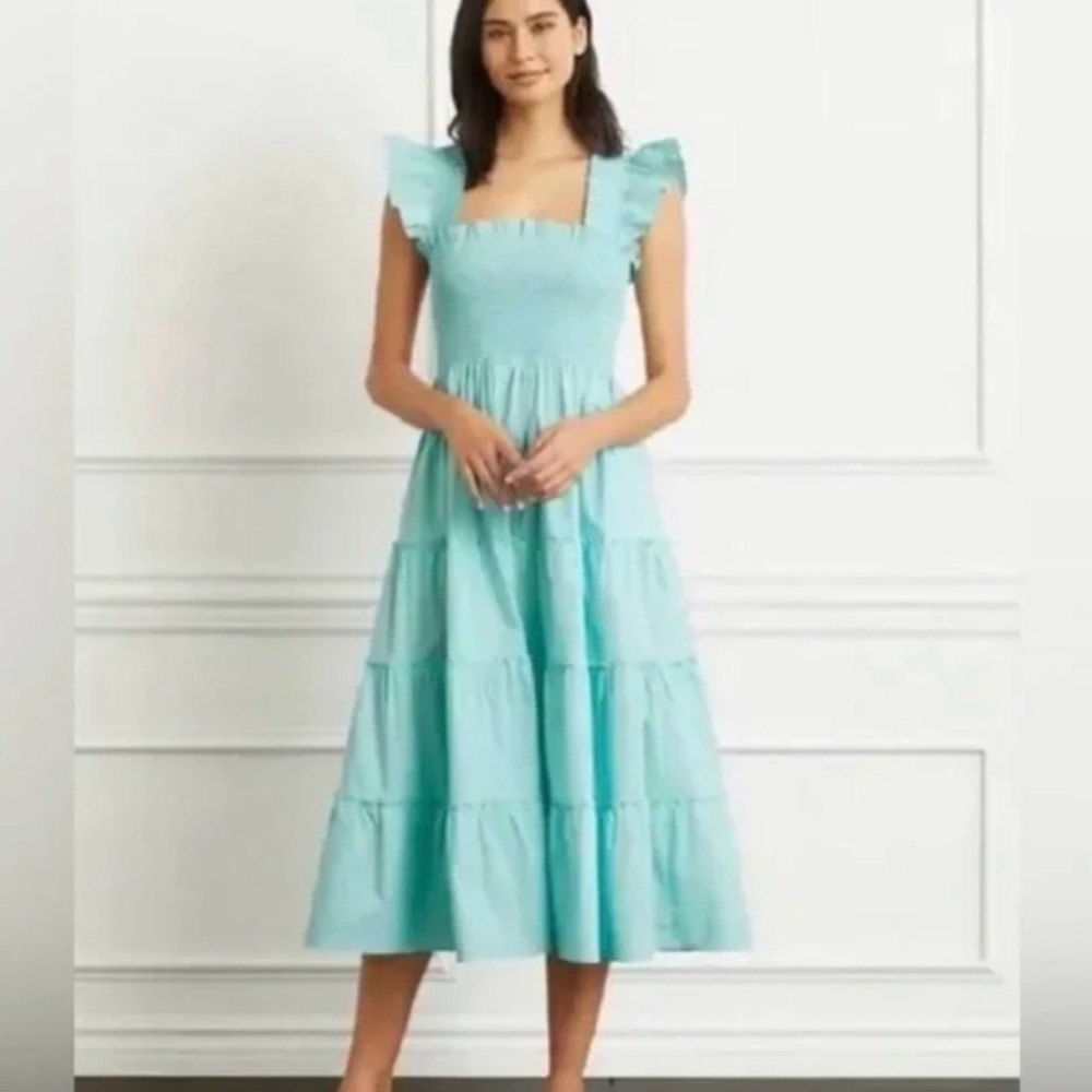 Hill House Aqua Teal Ruffle-Strap Tiered Midi Dress